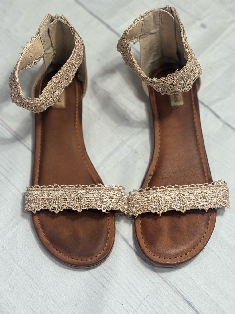 Beige Lace Ankle-Strap Women's Sandals